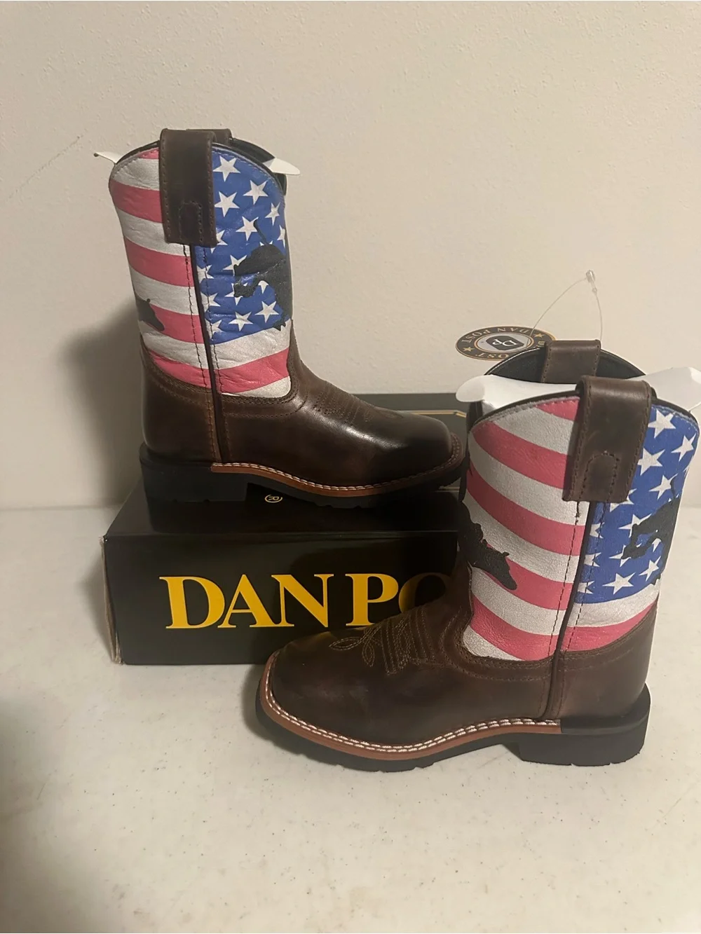 Dan Post Kids 10.5D Brown Leather American Flag Western Cowboy Boots New